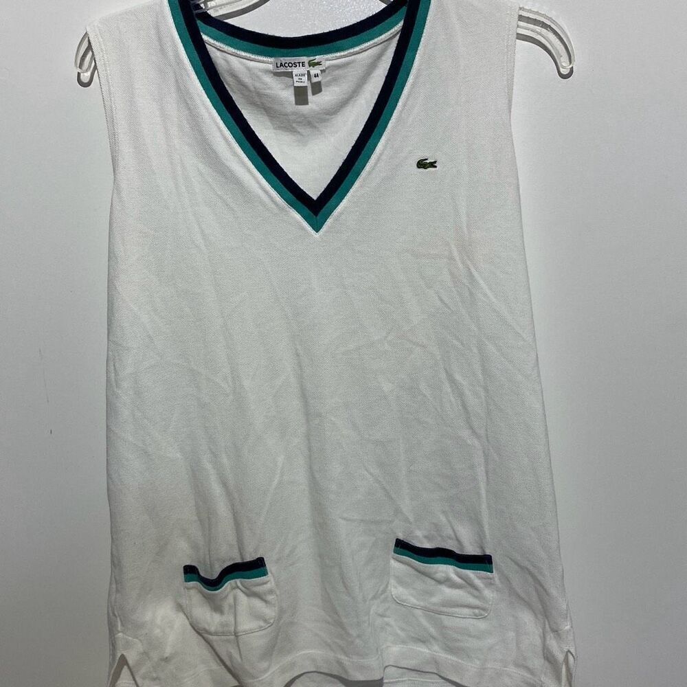 Lacoste Women's White V-Neck Stripe Trim 100% Cotton Athletic Tank Top Size 44